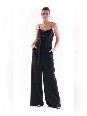 Julia Jordan Black Sequin bodice mixed media Wide-Leg Jumpsuit with belt Size 12